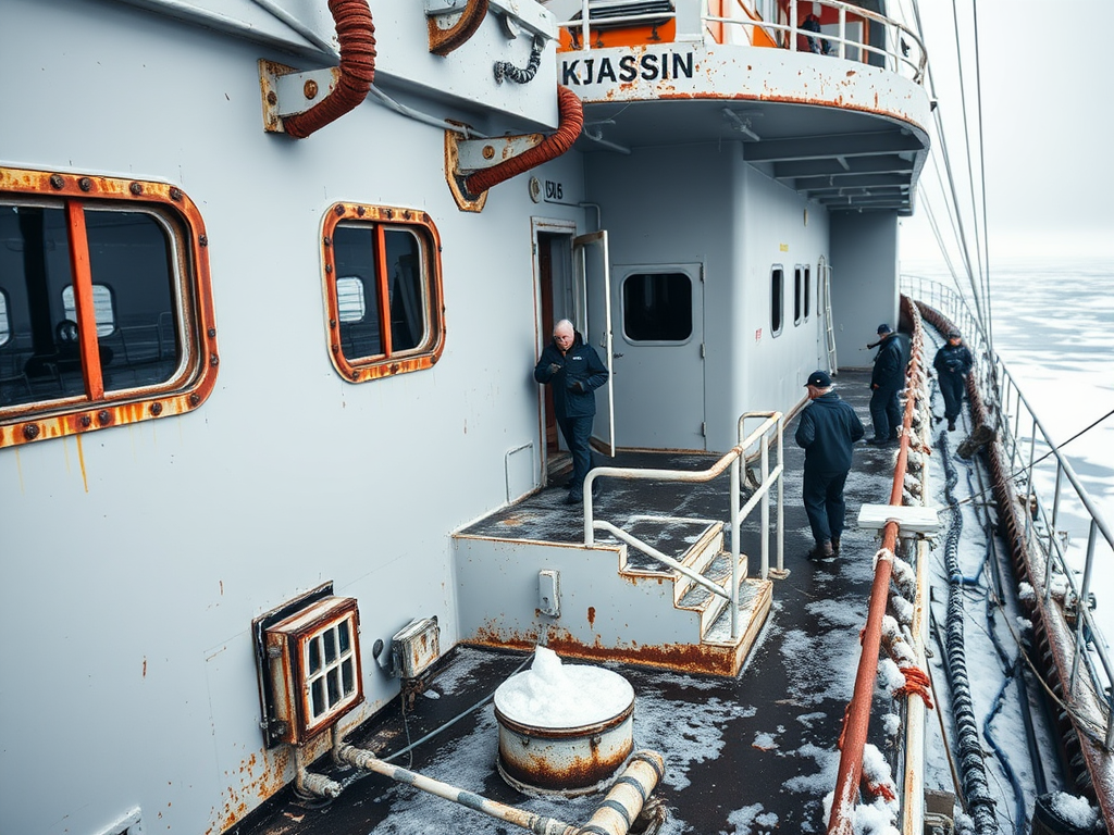 На船е KJASSIN экипаж работает на палубе в условиях морозной погоды и льда.