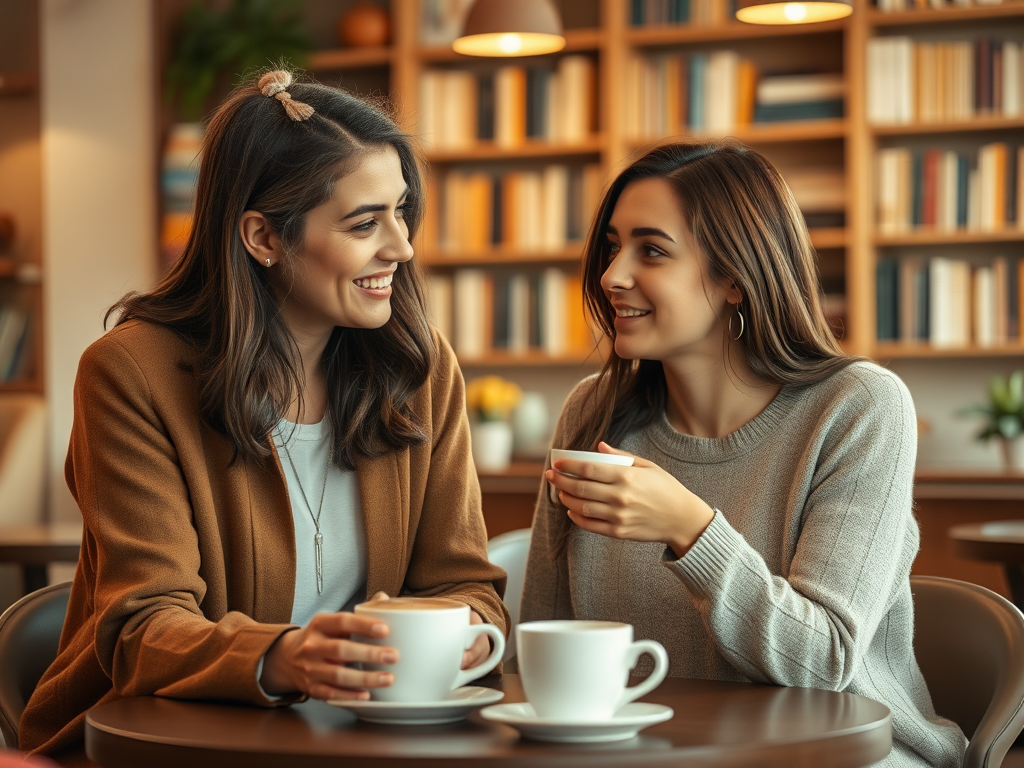 Две подруги улыбаются и беседуют за чашками кофе в уютном кафе с книжными полками на заднем плане.